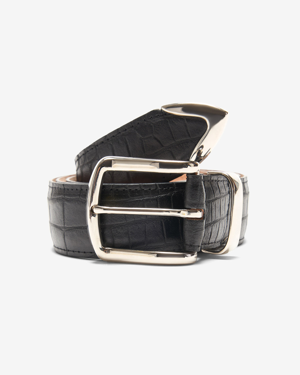 Croc-Embossed Metal Tip Belt