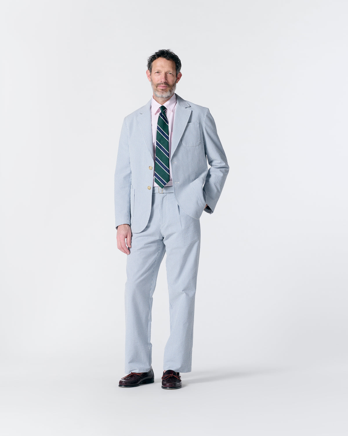 Seersucker Belted Single-Pleat Trousers